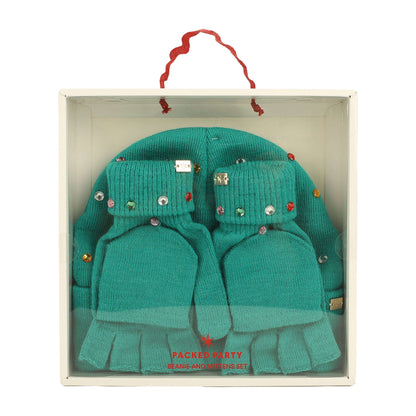 Emerald Knit Rhinestone Beanie and Mittens Set Otarealm