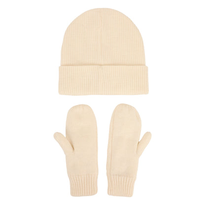 White Knit Rhinestone Beanie and Mittens Set