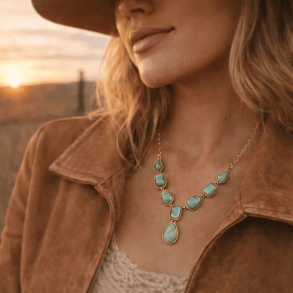 Genuine Blue Turquoise Roped Golden Bronze Y Necklace Otarealm