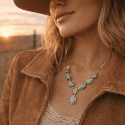 Genuine Blue Turquoise Roped Golden Bronze Y Necklace Otarealm