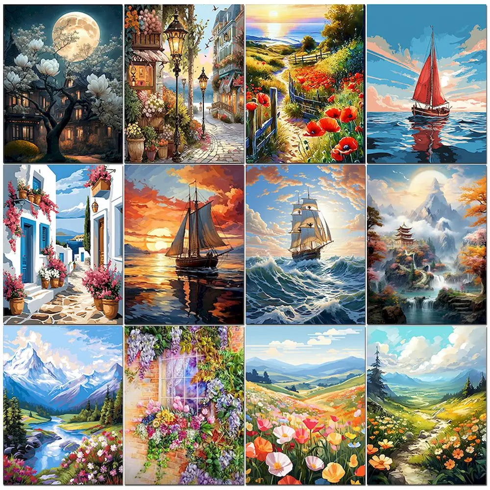 Collage of scenic paintings including houses, landscapes, and boats.
