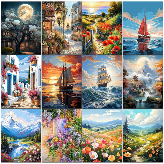 Collage of scenic paintings including houses, landscapes, and boats.