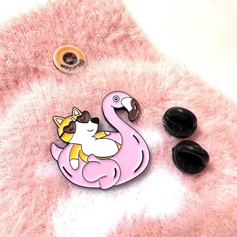 Corgi Flamingo Floatie Pin – Summer Enamel Gift for Dog Lovers