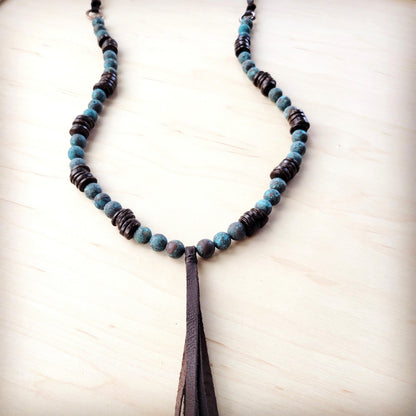 **Natural American Turquoise Necklace w/ Wood Beads & Tassel 262i