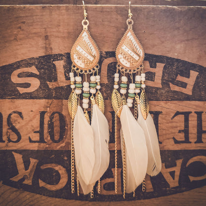 Beautiful White Boho Feather Earrings Otarealm