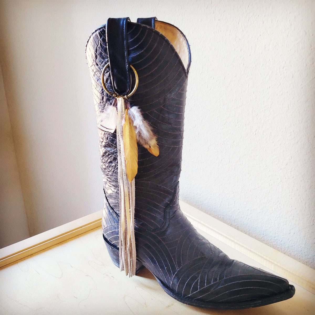Boho Western Boot Bling Charm with Leather Fringe 500b Otarealm