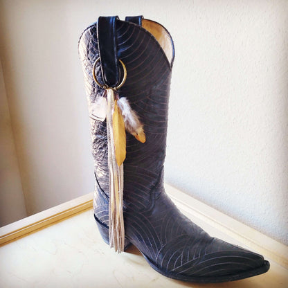 Boho Western Boot Bling Charm with Leather Fringe 500b Otarealm