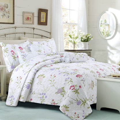 Lucie Light Pink Lavender Floral 3-Piece Reversible Quilt Bedding Set
