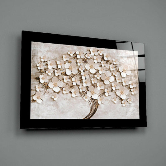White Petal Tree On Stone Wall Tree of Life Glass Wall Art