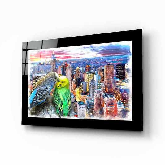 Budgie Pair Over Skyscraper Skyline Glass Wall Art