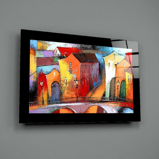 Vivid Old Town Bridge Houses Glass Wall Art