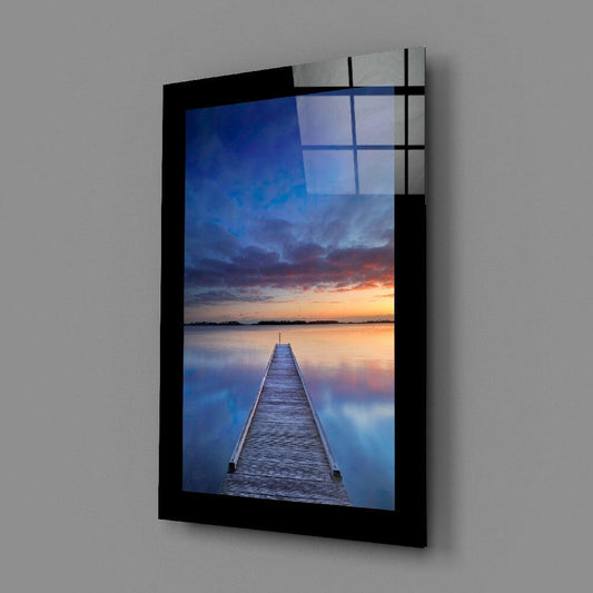 Long Jetty Into Blue Dusk Lake Glass Wall Art