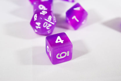 Translucent Purple Aurora Poly Dice Set Purple Violet (7) White Numbers New RPG DnD HDdice