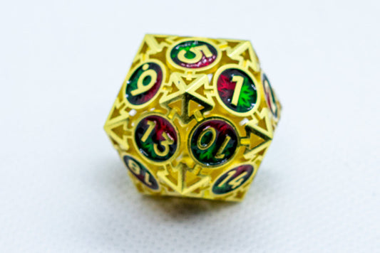 Single d6/d20 Shiny Gold w/Red-Green Deadly Arrow Dice