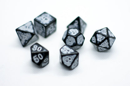 White Distressed Ancient 7-Dice Set Black w/White Dnd Dice
