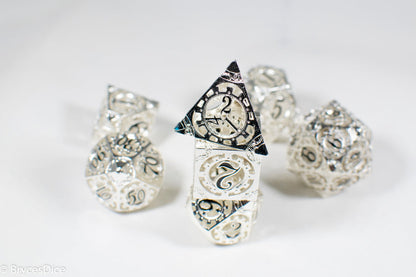 Silver Metal Hollow Gear Dice with Black Numbers 7-Dice Set