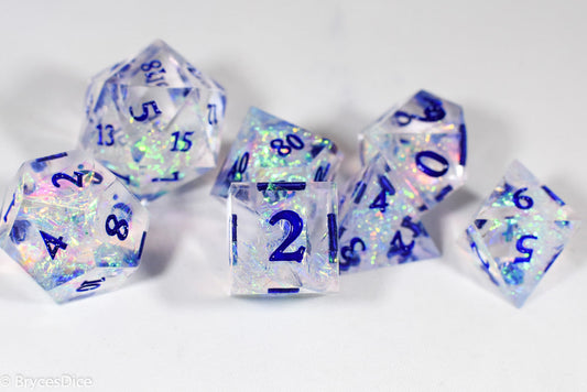 Ice Cubes Sharp Edge Resin 7-Dice Dice (Clear Shimmer w/ Blue Numbers)