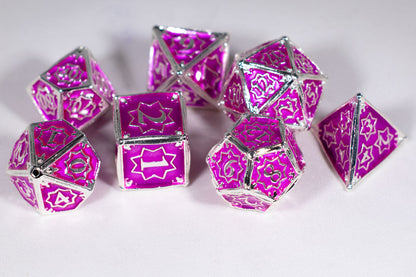 Pretty Paladin 7-Dice Metal Set Silver w/ Pink Fuschia Fill {North Star Dice Collection}