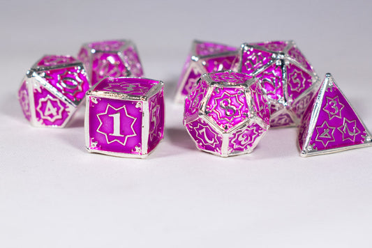 Pretty Paladin 7-Dice Metal Set Silver w/ Pink Fuschia Fill {North Star Dice Collection}