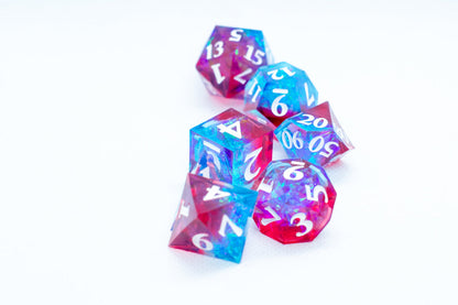 Infected Sharp Edge Resin 7-Dice Dice (Blue Red w/ White Numbers)