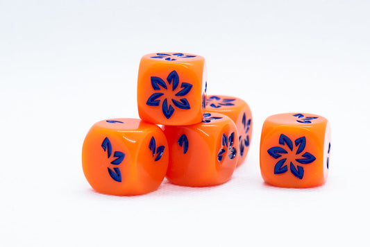 Orange w/Blue Falling Petals Dice 16mm D6 Flower Dice (sold per die)