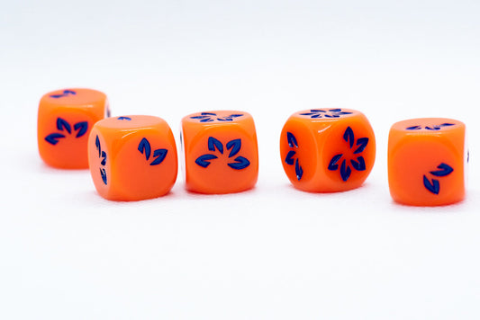 Orange w/Blue Falling Petals Dice 16mm D6 Flower Dice (sold per die)