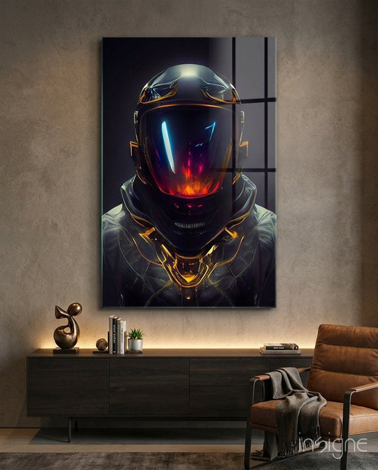 Crimson Visor Glowing Space Helmet Glass Wall Art