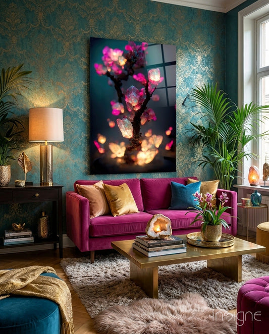 Luminous Pink Crystal Tree Glass Wall Art