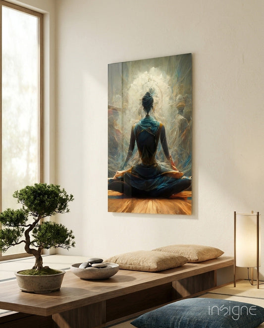 Lotus Pose With White Mandala Halo Glass Wall Art