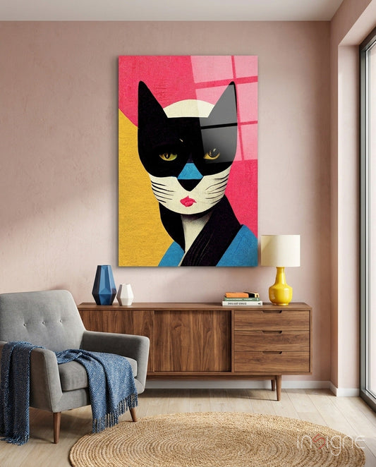 Masked Cat on Pink Grid Backdrop Glass Wall Art