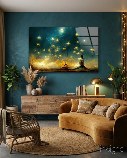 Meditation Falling Stars Teal Glass Wall Art