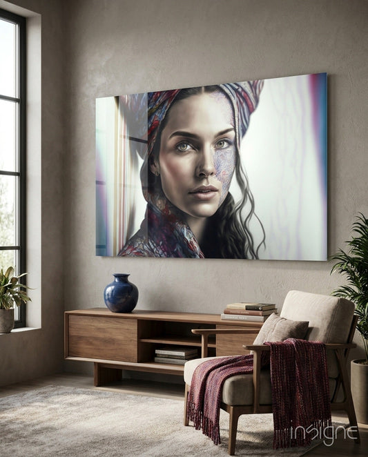 Paisley Scarf Woman Floral Face Tattoo Glass Wall Art