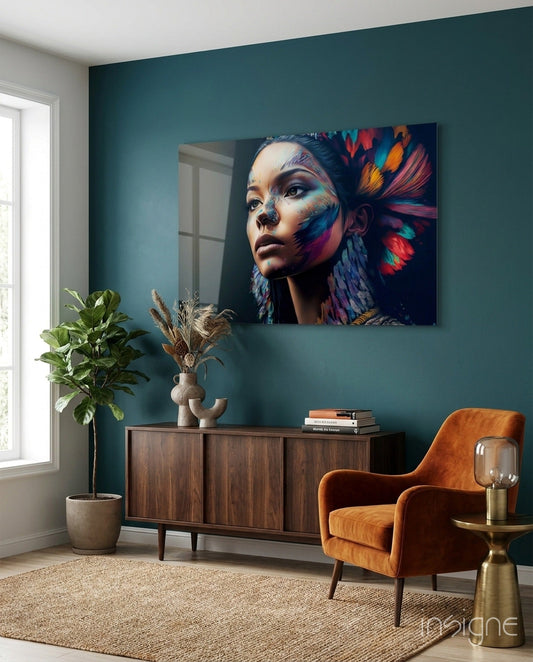 Rainbow Feather Headdress Painted Woman Glass Wall Art