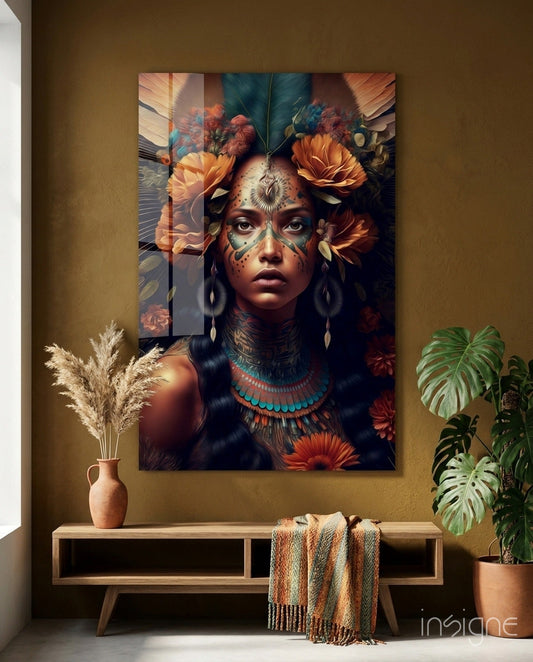 Orange Roses Green Feather Crown Woman Glass Wall Art