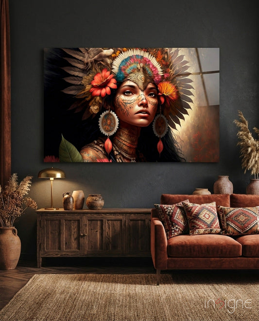 Red Bloom Feather Headdress Woman Glass Wall Art