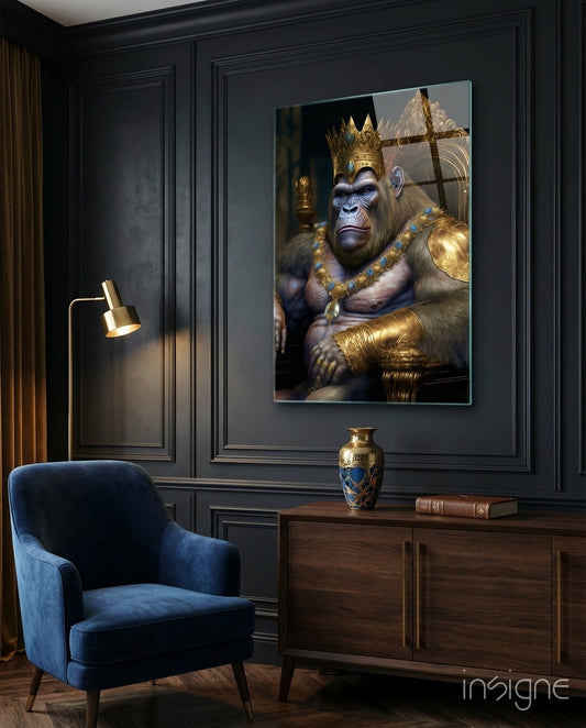 Jeweled Crown Gorilla In Gold Armor Glass Wall Art