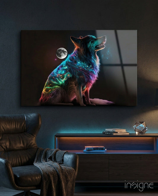 Rainbow Neon Sitting Dog And Moon Glass Wall Art