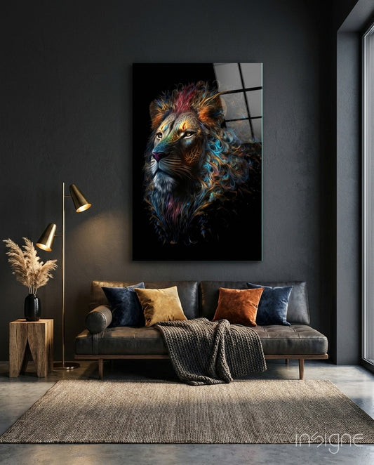 Jewel Tone Curly Mane Lion Portrait Glass Wall Art