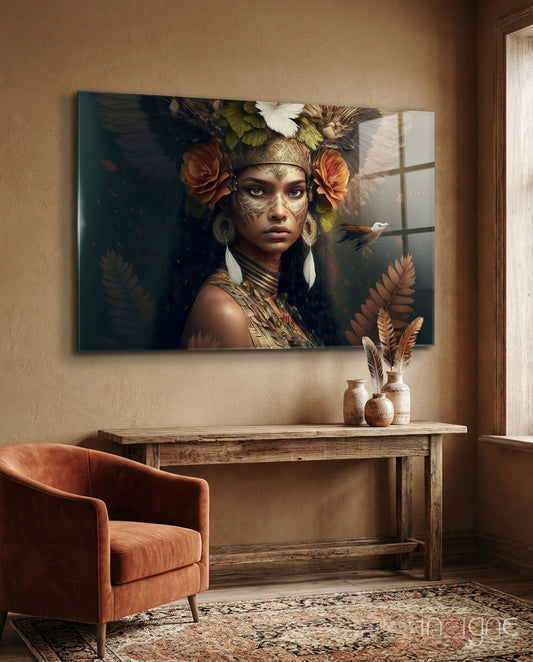 Leaf Crown Tribal Woman with Bird Glass Wall Art