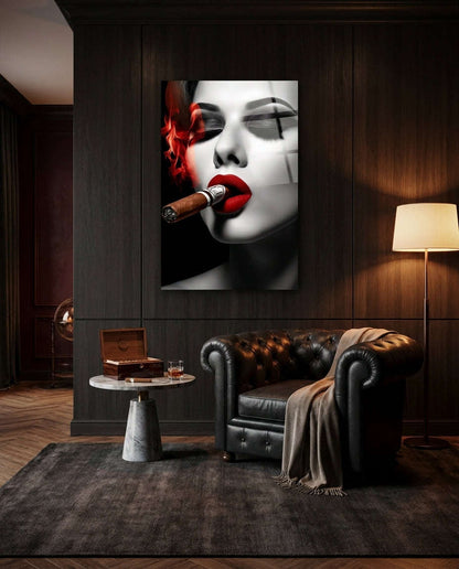 Red Smoke Closed Eyes Cigar Woman Glass Wall Art Otarealm