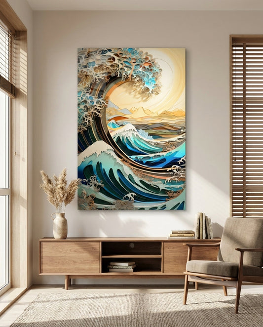 Golden Sky Curling Great Wave Glass Wall Art