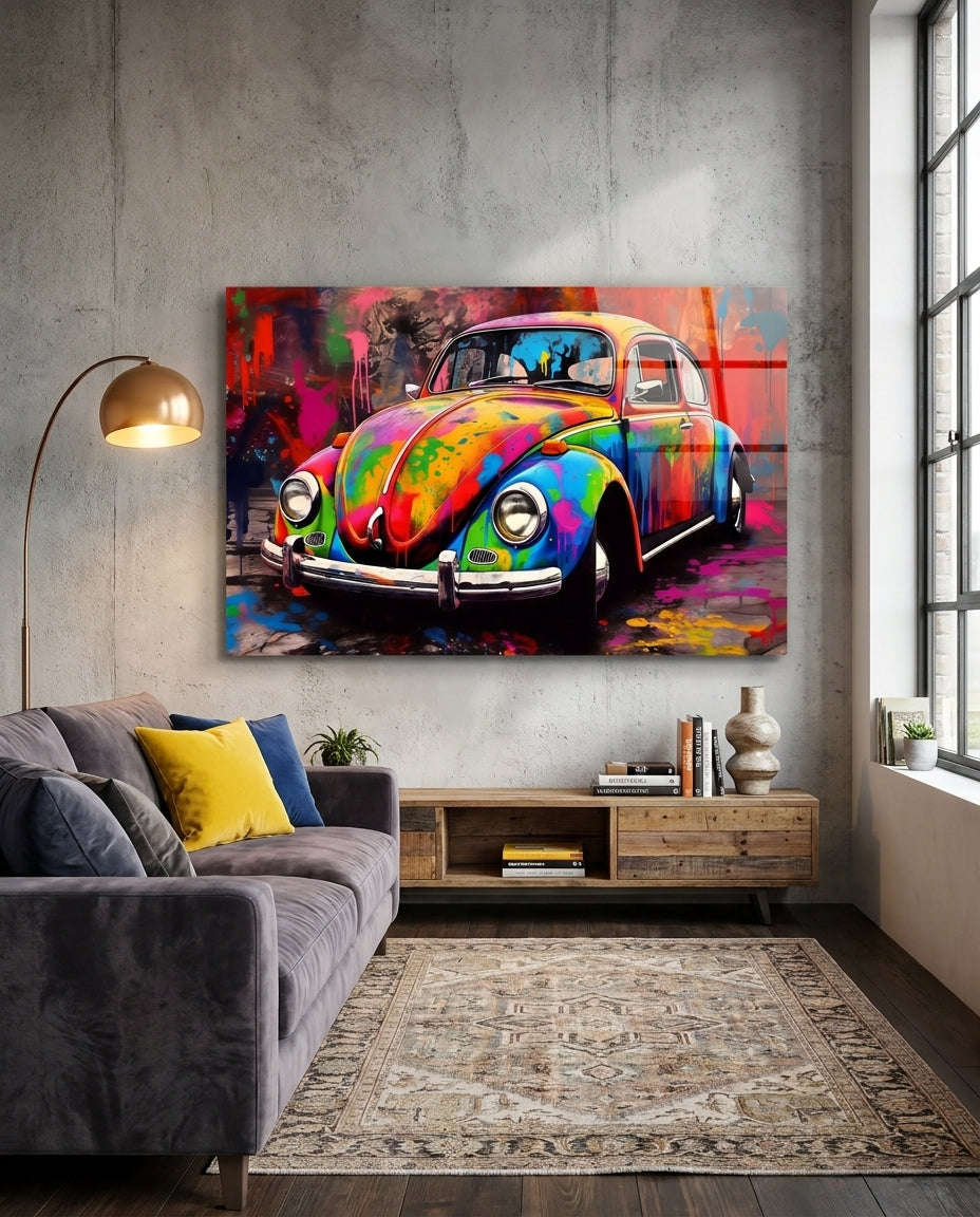 Colorful Retro Camper Van Glass Wall Art || Designer Collection Otarealm