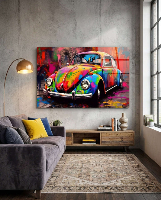Colorful Retro Camper Van Glass Wall Art || Designer Collection Otarealm