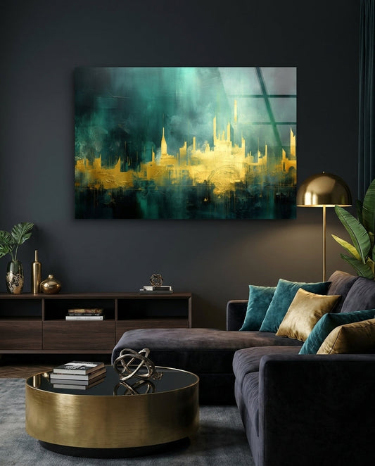 Golden Skyline Teal Mist Glass Wall Art