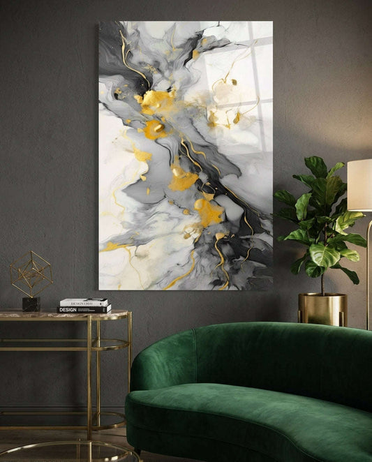 Gold Veined Charcoal Marble Swirl Glass Wall Art Otarealm
