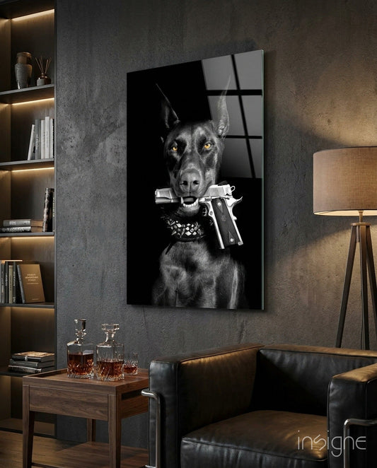 Doberman Holding Silver Pistol Glass Wall Art