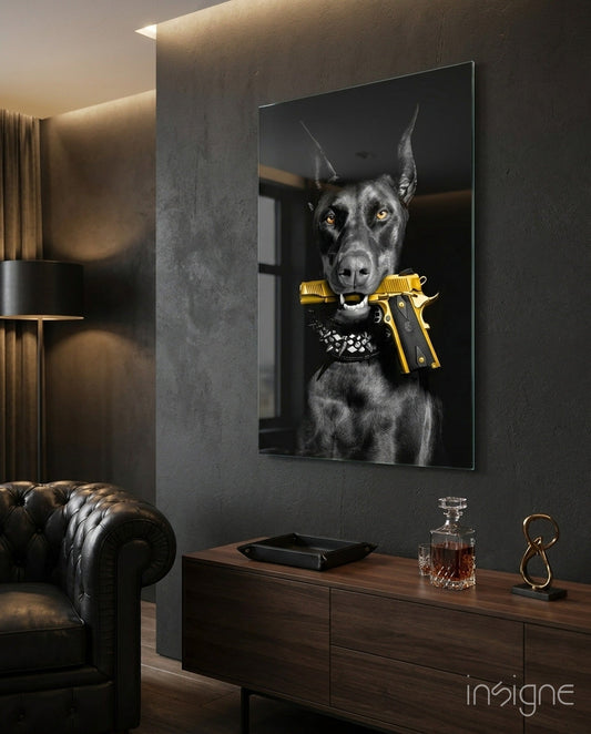 Doberman Holding Gold Pistol Glass Wall Art