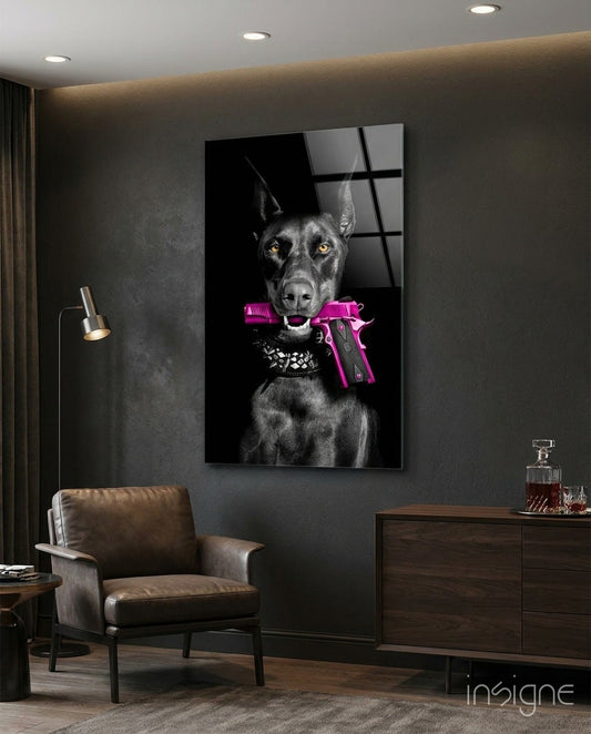 Doberman Holding Pink Pistol Glass Wall Art
