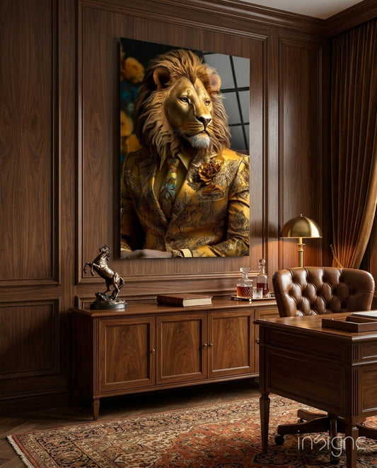Lion In Gold Brocade Jacket Glass Wall Art