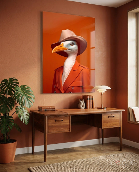 Seagull in Orange Coat and Fedora Glass Wall Art